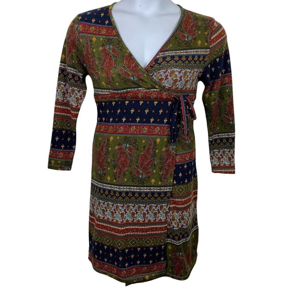 Natura Dress Size Small Wrap Style Long Sleeve Multicolor Paisley Floral V Neck
